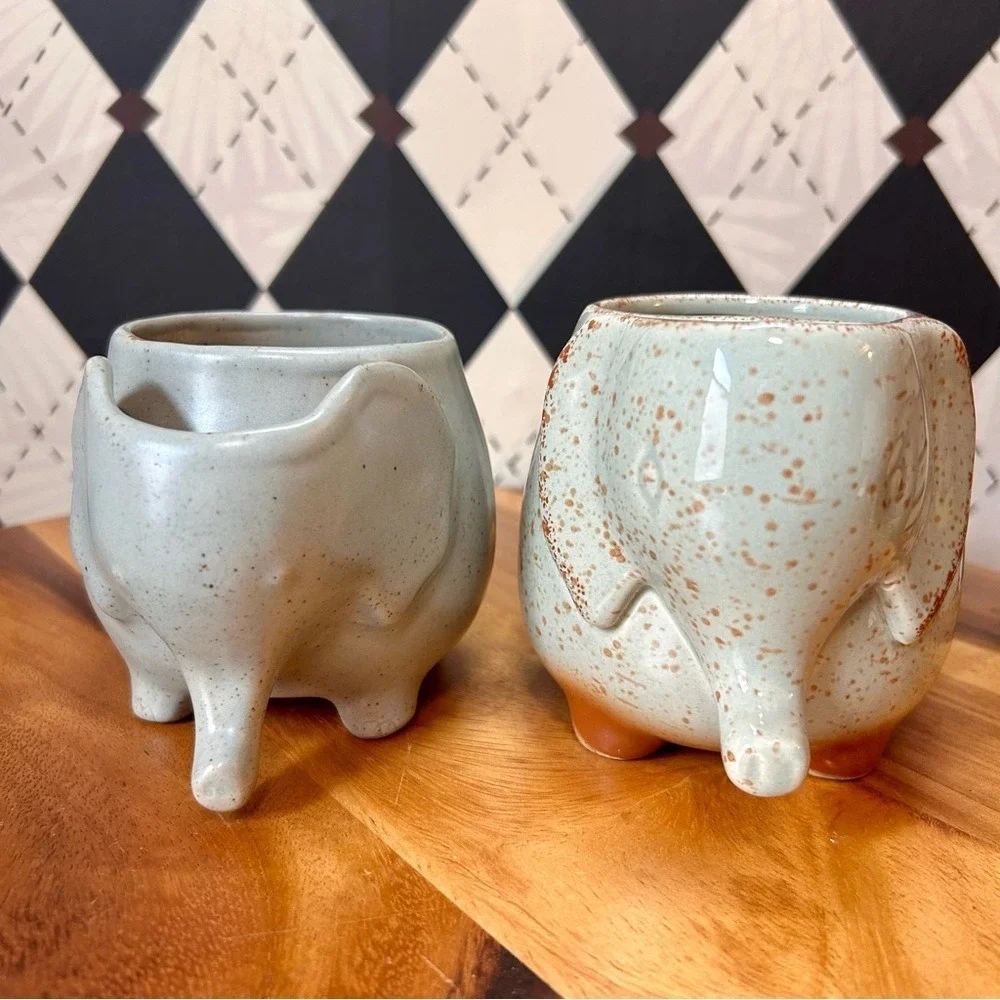 Elephant Ceramic Mugs Pair Pottery Cups with Tea Bag Holder‎ Pocket